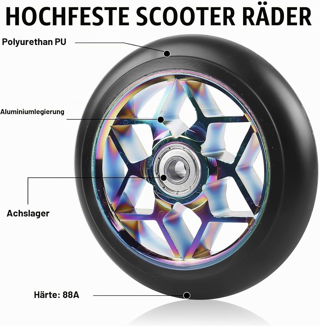 2 Stück Stunt Scooter Rollen 110 mm, Bunt Scooter Ersatzräder, 88A Rollerräder für Stunt mit ABEC-9