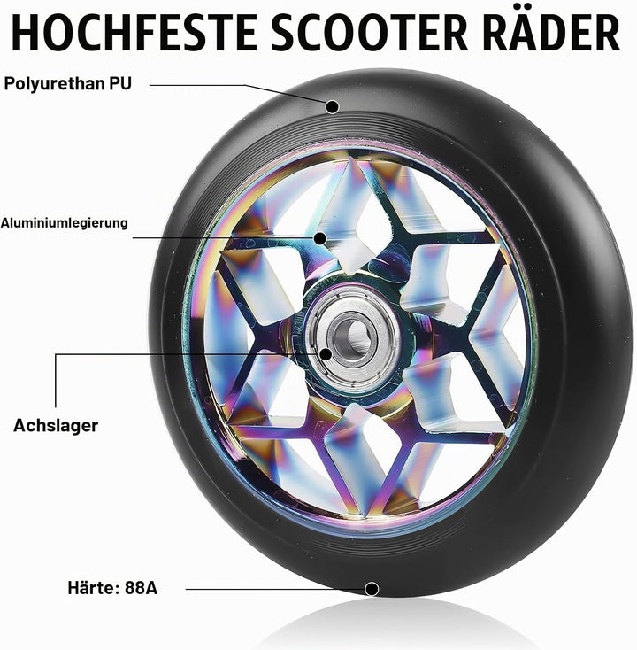 2 Stück Stunt Scooter Rollen 110 mm, Bunt Scooter Ersatzräder, 88A Rollerräder für Stunt mit ABEC-9