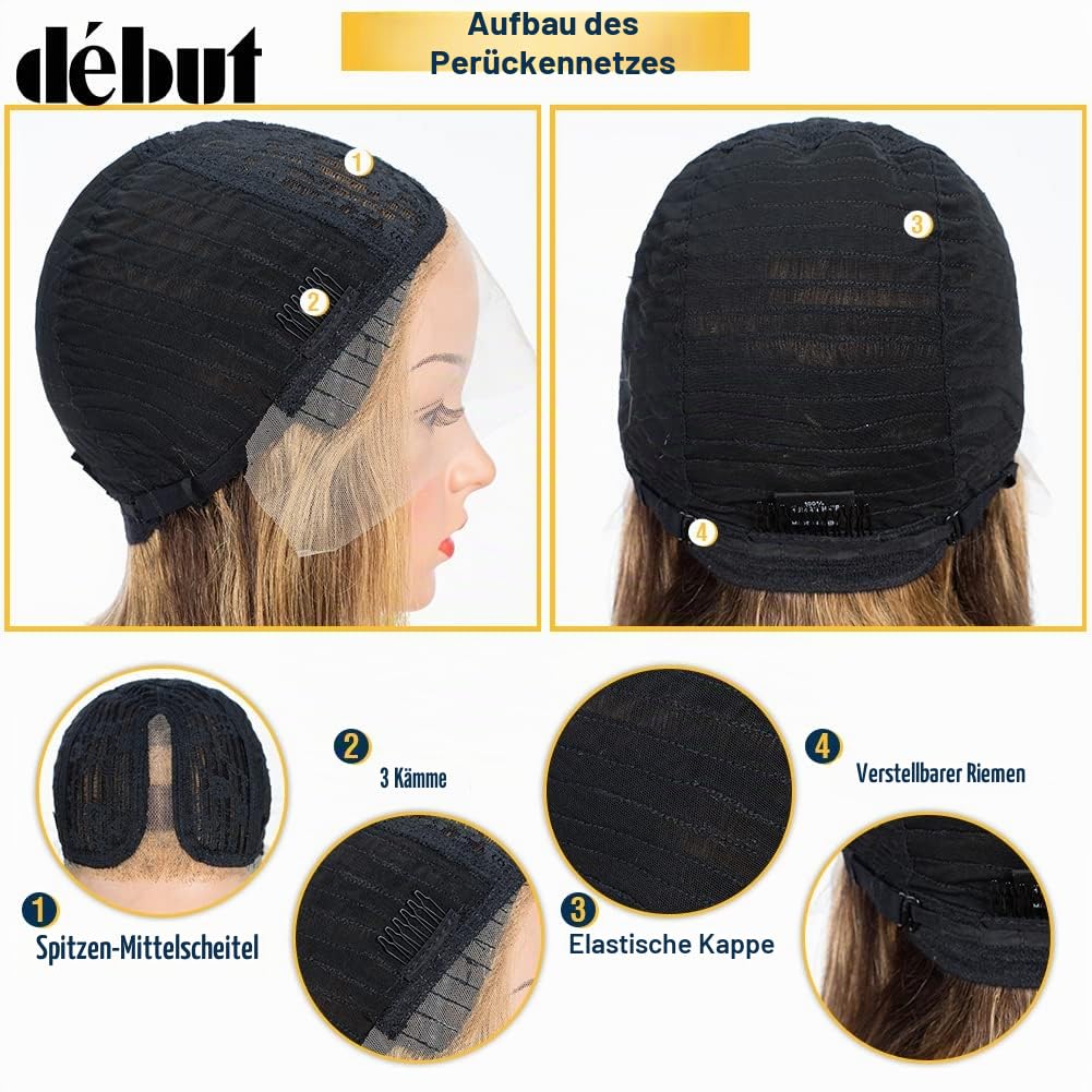 DÉBUT Glatte Bob Perücke, Echthaar, T-Teil, Spitzenfront, Bob-Perücke, vorgezupft, mit Babyhaar, 150