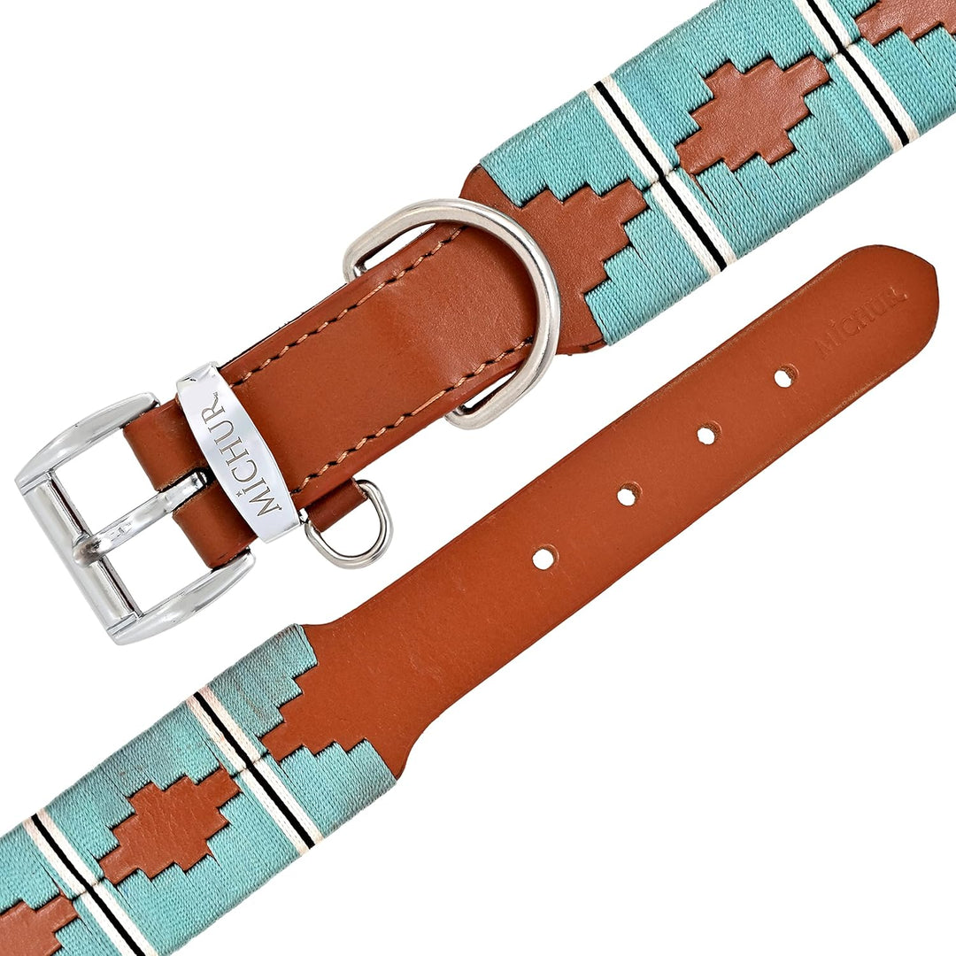 MICHUR Pippa Braun Blau Türkis Baumwollgarn Hundehalsband Leder, Lederhalsband Hund, Halsband, Leder