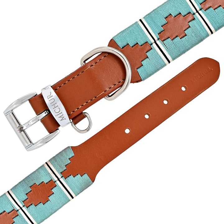 MICHUR Pippa Braun Blau Türkis Baumwollgarn Hundehalsband Leder, Lederhalsband Hund, Halsband, Leder