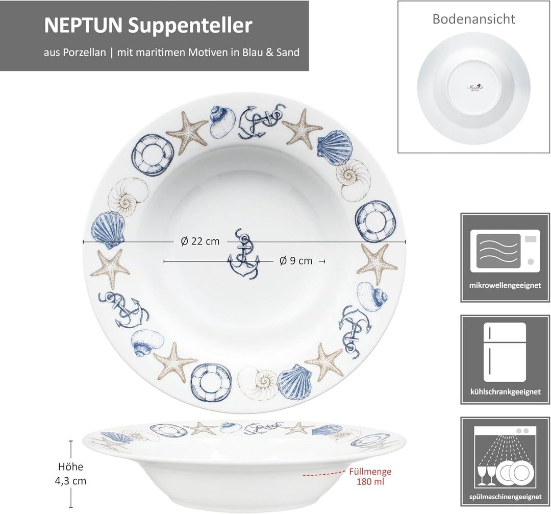 MamboCat Neptun 6er Set Suppenteller I 180ml I Porzellan-Teller mit maritimen Motiven Anker, Muschel