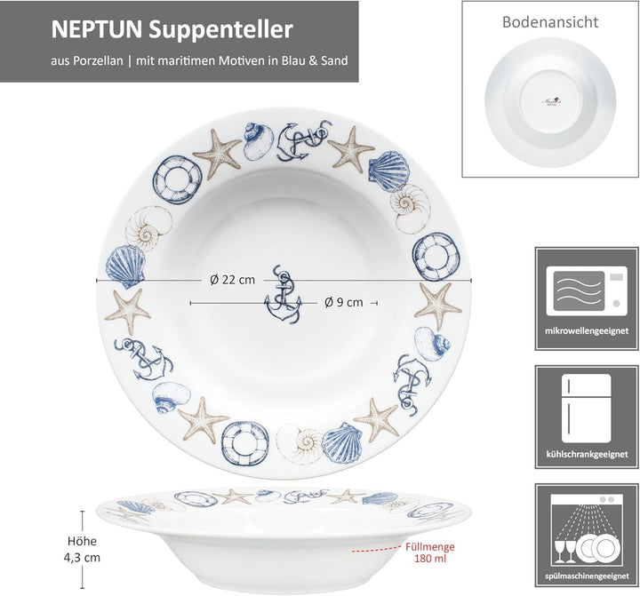 MamboCat Neptun 6er Set Suppenteller I 180ml I Porzellan-Teller mit maritimen Motiven Anker, Muschel