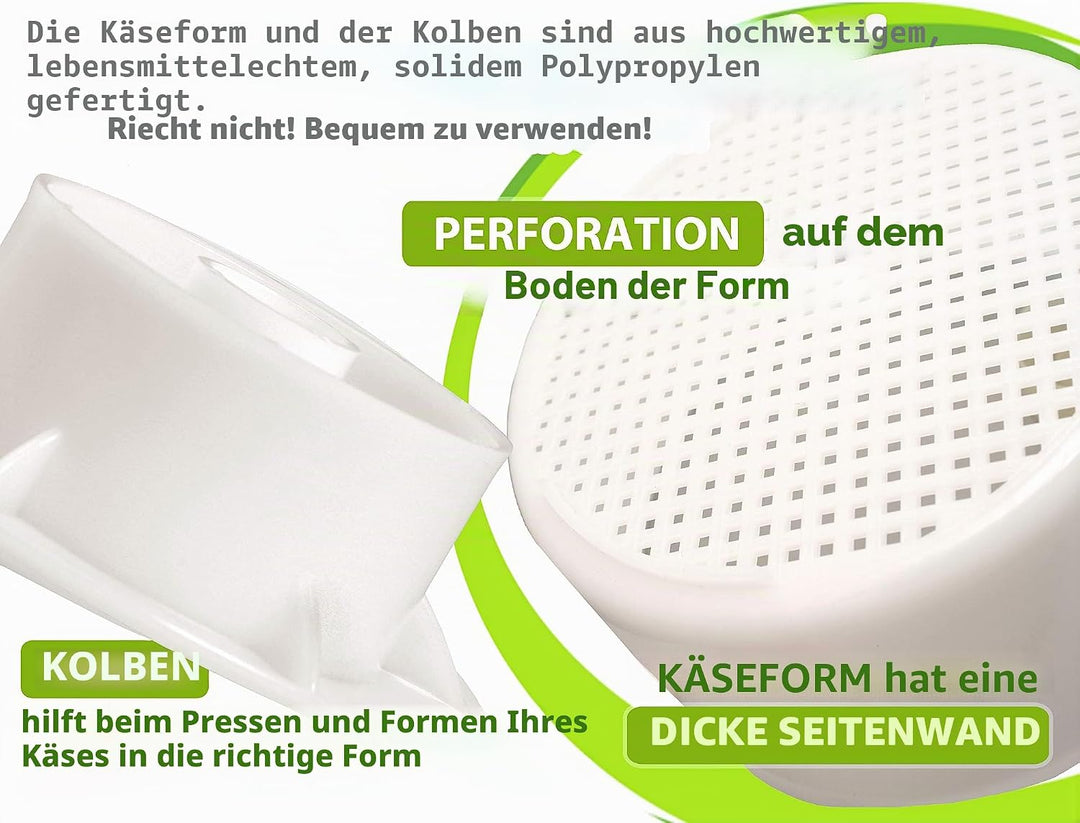 Käseherstellungsset – 1,2-l-Käseform mit Folgekolben und Baumwollgaze – Käseherstellungskorb – Panee