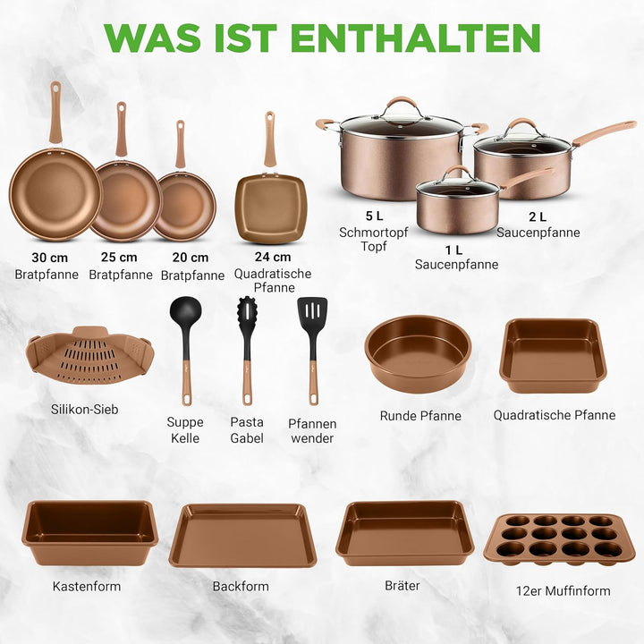 NutriChef Topf- und Pfannenset Induktion 20-teilig Marineblau – Antihaft-Kochgeschirr mit Deckeln un