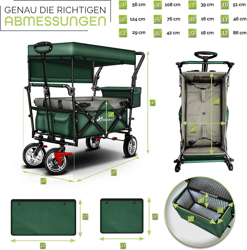 TRESKO® Bollerwagen faltbar mit Dach | Handwagen mit 2x3-Punkt Gurtsystem | Gartenwagen klappbar bis