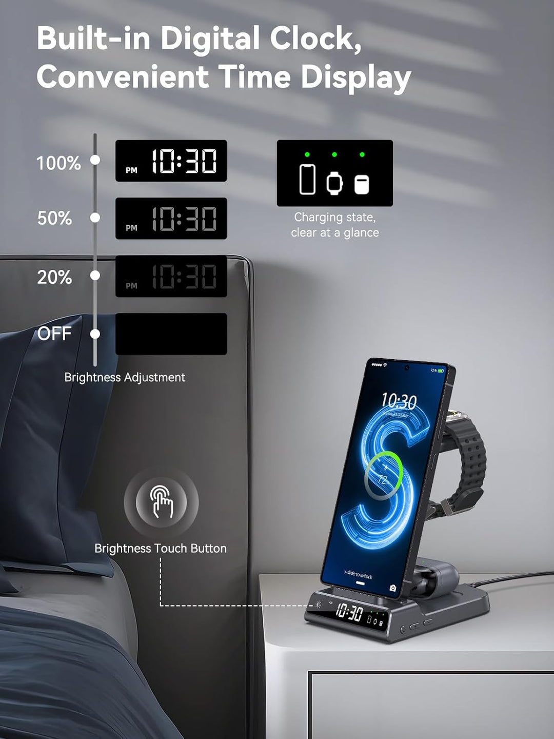 Wireless Charger für Samsung Galaxy S25 Ultra, Induktive Ladestation mit Digitaluhr für Samsung Gala