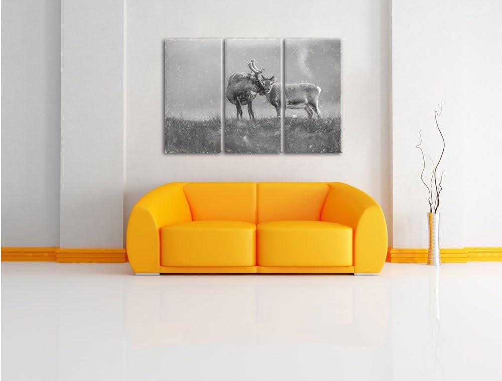 Pixxprint Rentiere die miteinander schmusen Kunst Kohle Effekt 3-Teiler Leinwandbild 120x80 Bild auf