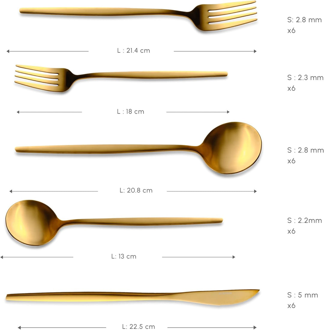 Karaca Orion Bestecksets - Edelstahl Besteck Set für 6 Personen, Gold Besteckset 30-teilig Messer Ga