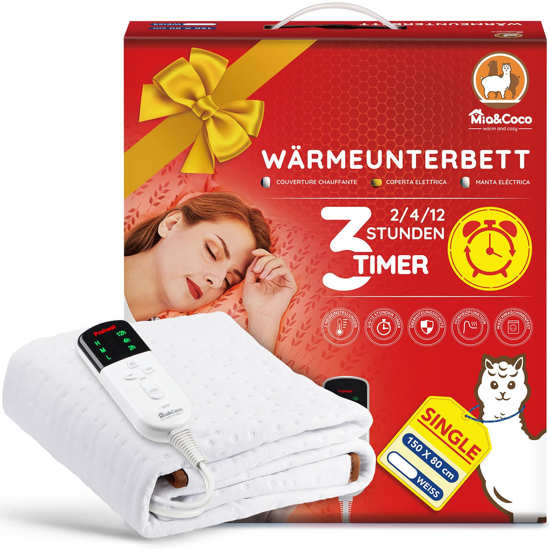 Mia&Coco Heizdecke mit Abschaltautomatik, Wärmeunterbett mit 12-Stunden-Timer und 3 Wärmestufen, LED