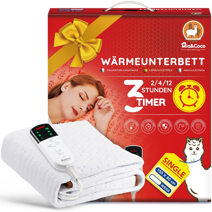 Mia&Coco Heizdecke mit Abschaltautomatik, Wärmeunterbett mit 12-Stunden-Timer und 3 Wärmestufen, LED