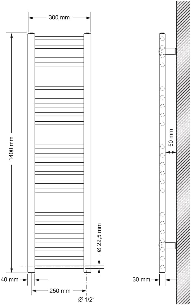 LuxeBath Badheizkörper Elektrisch mit Heizstab 900W Grosse Leisung - 300 x 1400 mm - Weiss - gerade