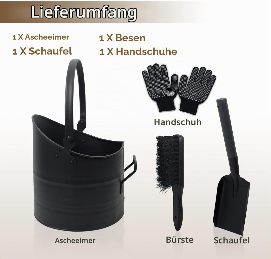 BRIAN &amp; DANY Ascheeimer, Halbkreisförmiger Kohleeimer für Kamine, 10L Eimer mit Schaufel und Handbes