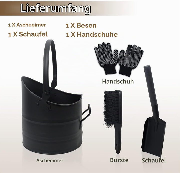 BRIAN &amp; DANY Ascheeimer, Halbkreisförmiger Kohleeimer für Kamine, 10L Eimer mit Schaufel und Handbes