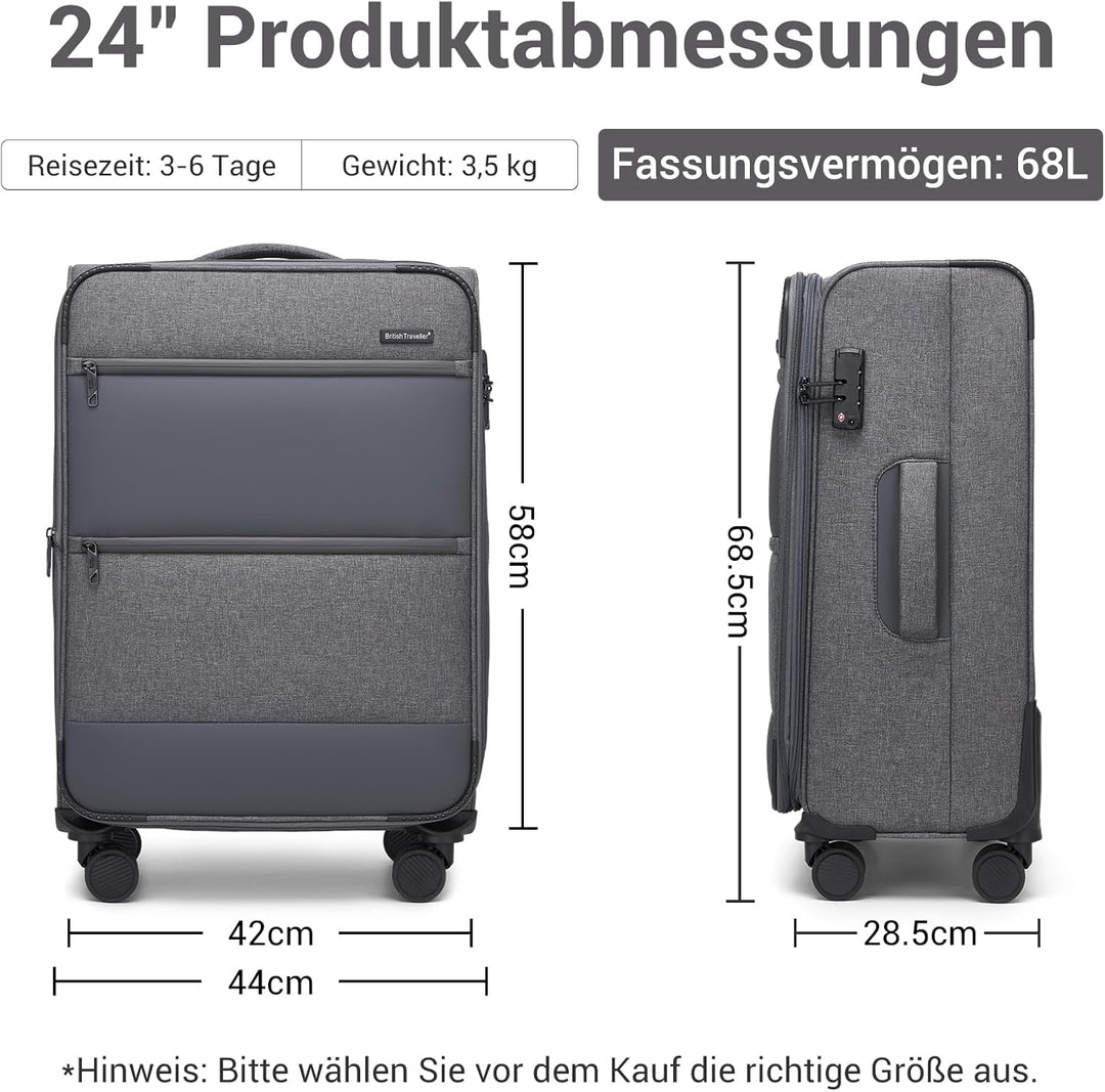 British Traveller Erweiterbarer Mittelgross Koffer, 68L Stoff Reisekoffer mit Volumenerweiterung,4 R