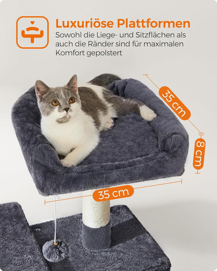Feandrea Kratzbaum, 143 cm hoch, Katzenbaum, mehrstöckige Katzenhaus, mit 4 Kratzsäulen, 2 Plattform