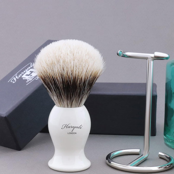 Dachshaar Rasieren Bürste mit Elfenbeinfarben Basis mit Pinselhalter/Ständer in Designer Box von Har