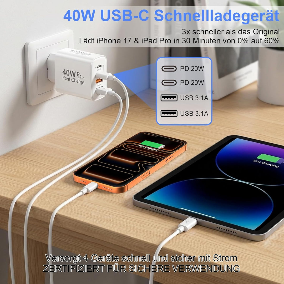 2er Pack USB C Ladegerät, 4 Ports 40W Mehrfach Schnellladegerät Netzteil Power Adapter Für iPhone 17
