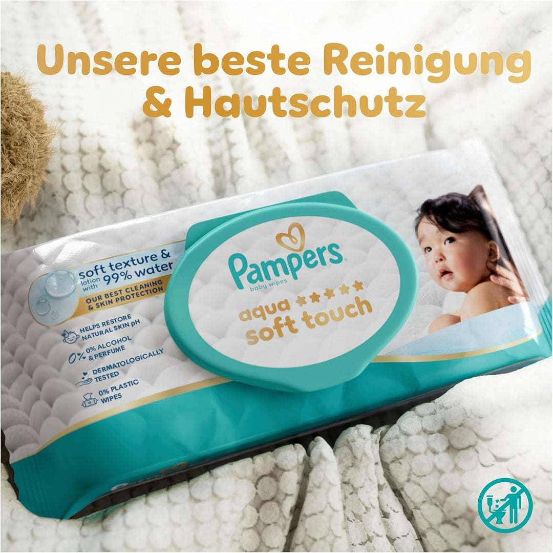 Pampers Aqua Soft Touch Baby-Feuchttücher, 12 Packungen mit 48 Feuchttüchern = 576 Baby-Feuchttücher