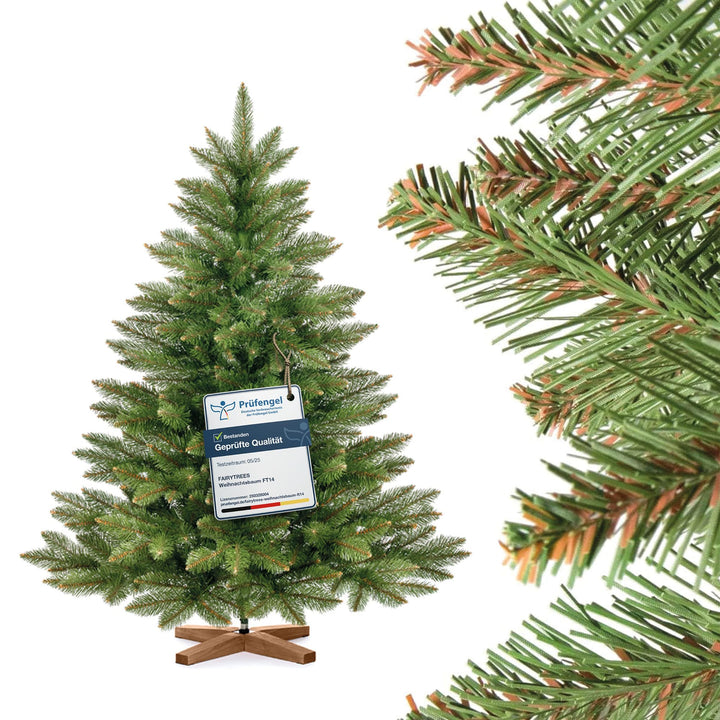 FairyTrees Weihnachtsbaum künstlich 120cm NORDMANNTANNE mit Christbaum Holzständer | TESTSIEGER Tann