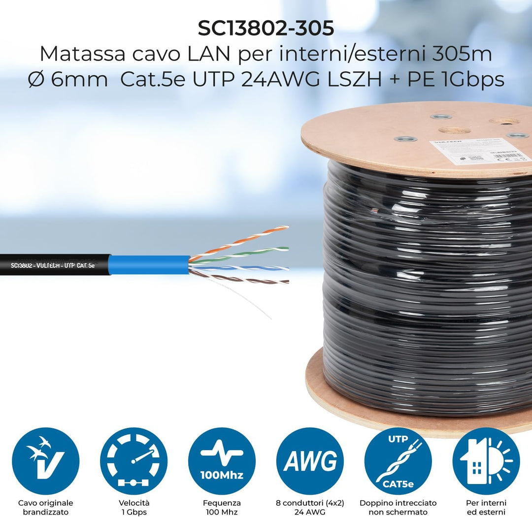 VulTech SC13802-305 Spule Lan Cat 5e UTP 305 Meter 24AWG für den Aussenbereich Doppelmantel PE+LSZH