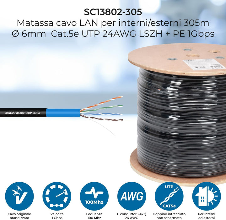 VulTech SC13802-305 Spule Lan Cat 5e UTP 305 Meter 24AWG für den Aussenbereich Doppelmantel PE+LSZH