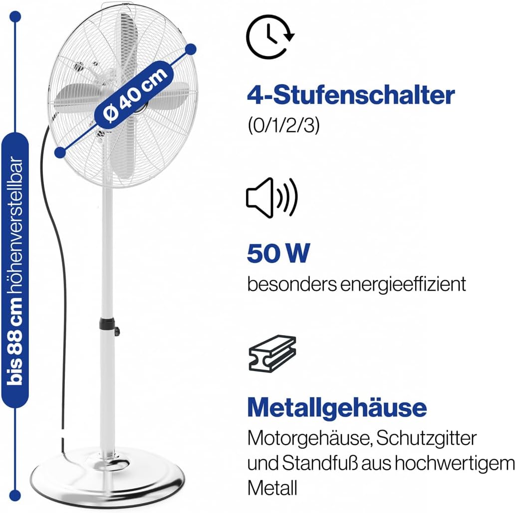 ProfiCare Standventilator leise PC-VL 3064 MS oszillierender Fan, Metall-Stand-Ventilator Ø ca. 40cm