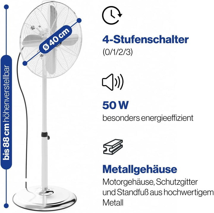 ProfiCare Standventilator leise PC-VL 3064 MS oszillierender Fan, Metall-Stand-Ventilator Ø ca. 40cm