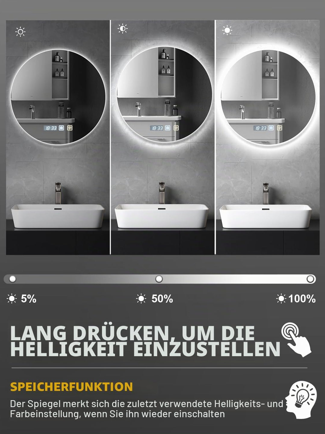 600mm Badspiegel mit Beleuchtung Dimmbar | Badezimmerspiegel mit Touch-Schalter Antibeschlag Timerfu