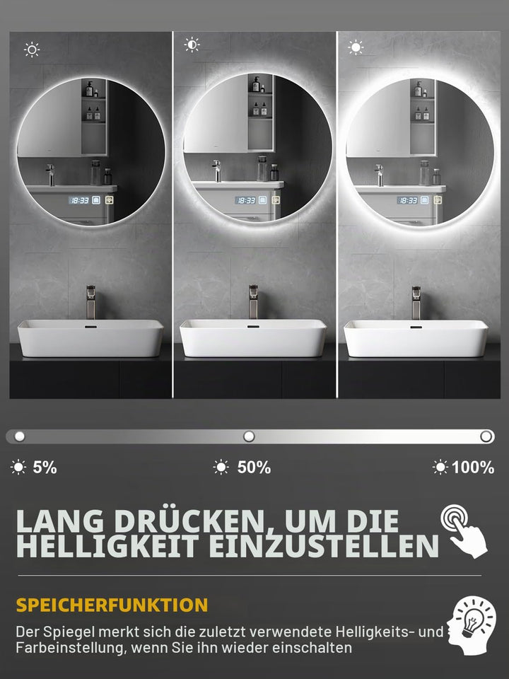 600mm Badspiegel mit Beleuchtung Dimmbar | Badezimmerspiegel mit Touch-Schalter Antibeschlag Timerfu