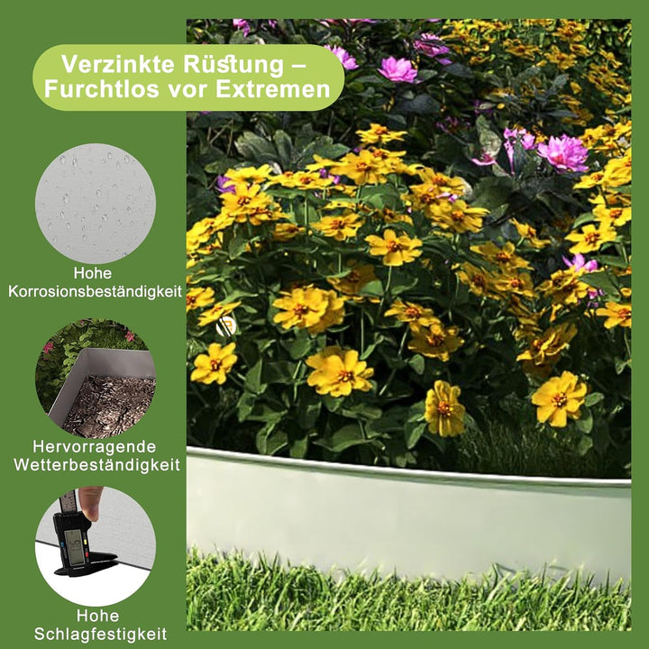 XMTECH Rasenkante Metall 10m Beeteinfassung verzinkt Gartenkante Silber | Flexible Metall Rasenkante