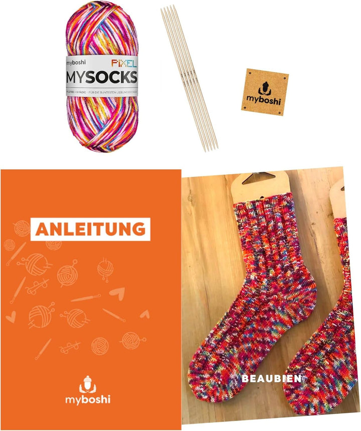 myboshi Strickset Socken Beaubien, inkl. mysocks Pixel Sockenwolle, Nadelspiel, Anleitung Label in L