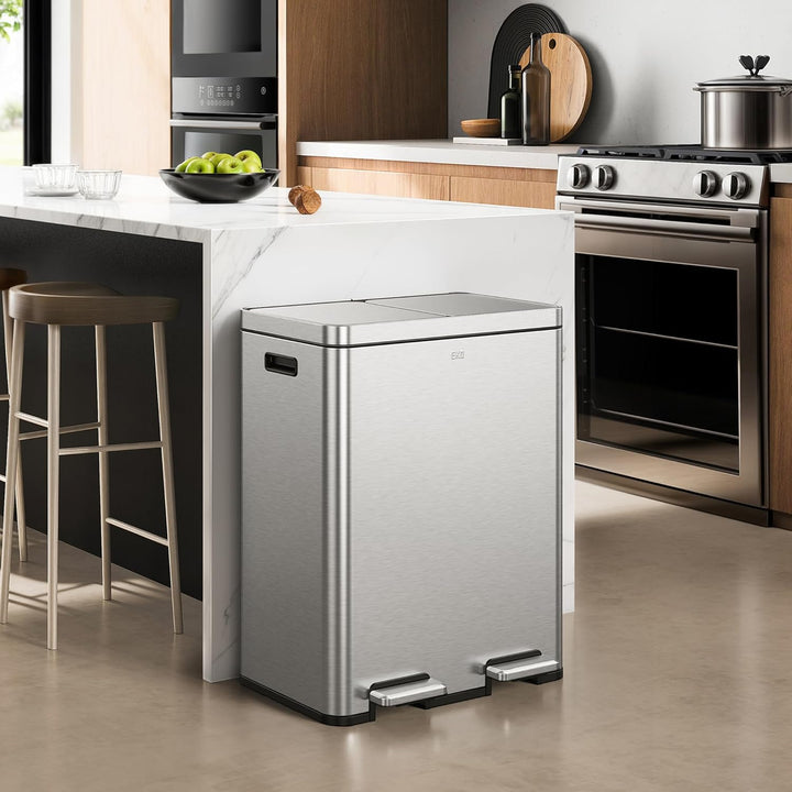 EKO Edison Mülleimer 2 Fächer, 2 x 30 l, Tretmülleimer Küche mit doppeltem Inneneimer, inkl. 20 Müll