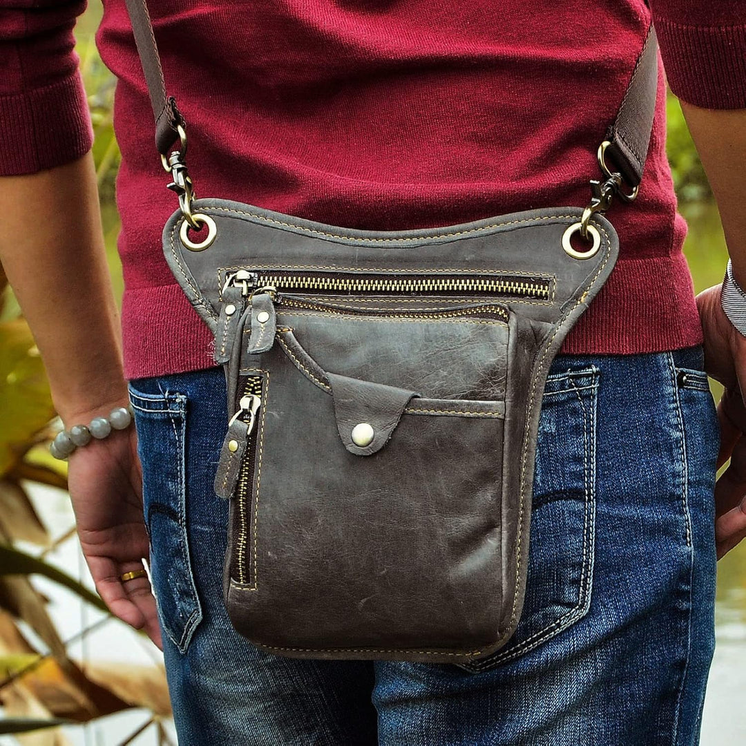 Le'aokuu Herren Echtes Leder Tasche Beinbeutel Beintasche Aussenbeintasche Beinbeuteltasche Reisen H