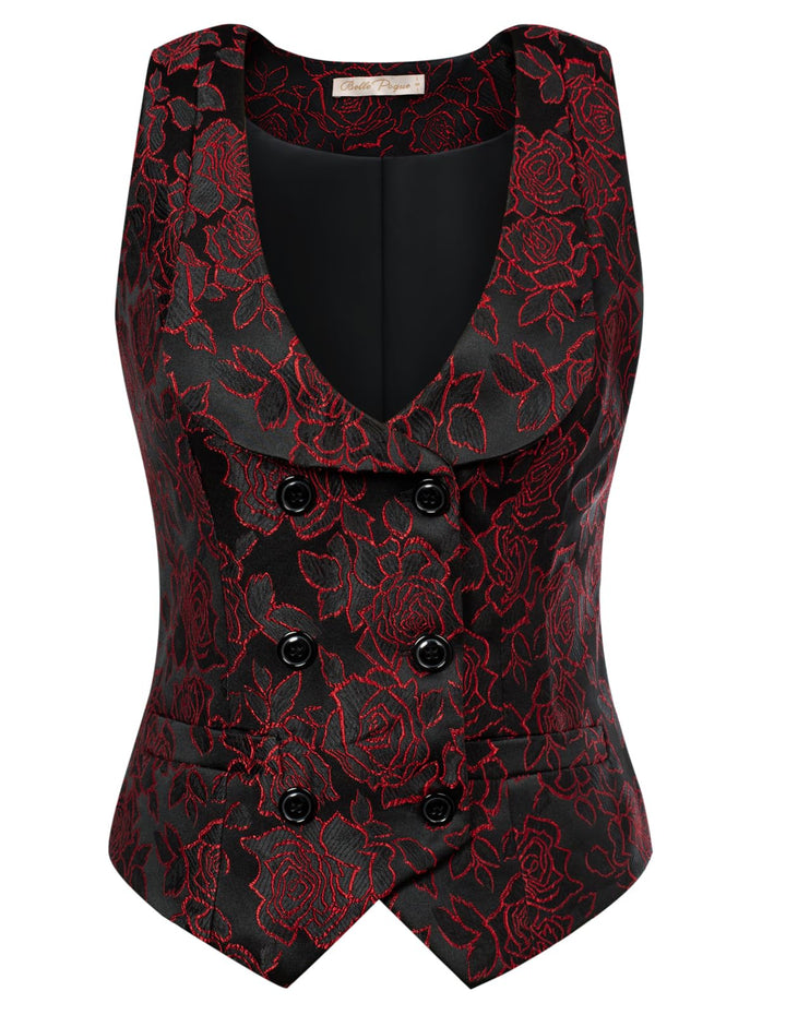 Belle Poque Damen Weste mit Gebogenes Revers V-Ausschnitt Karierte Weste mit Zwei Taschen Geometrisc