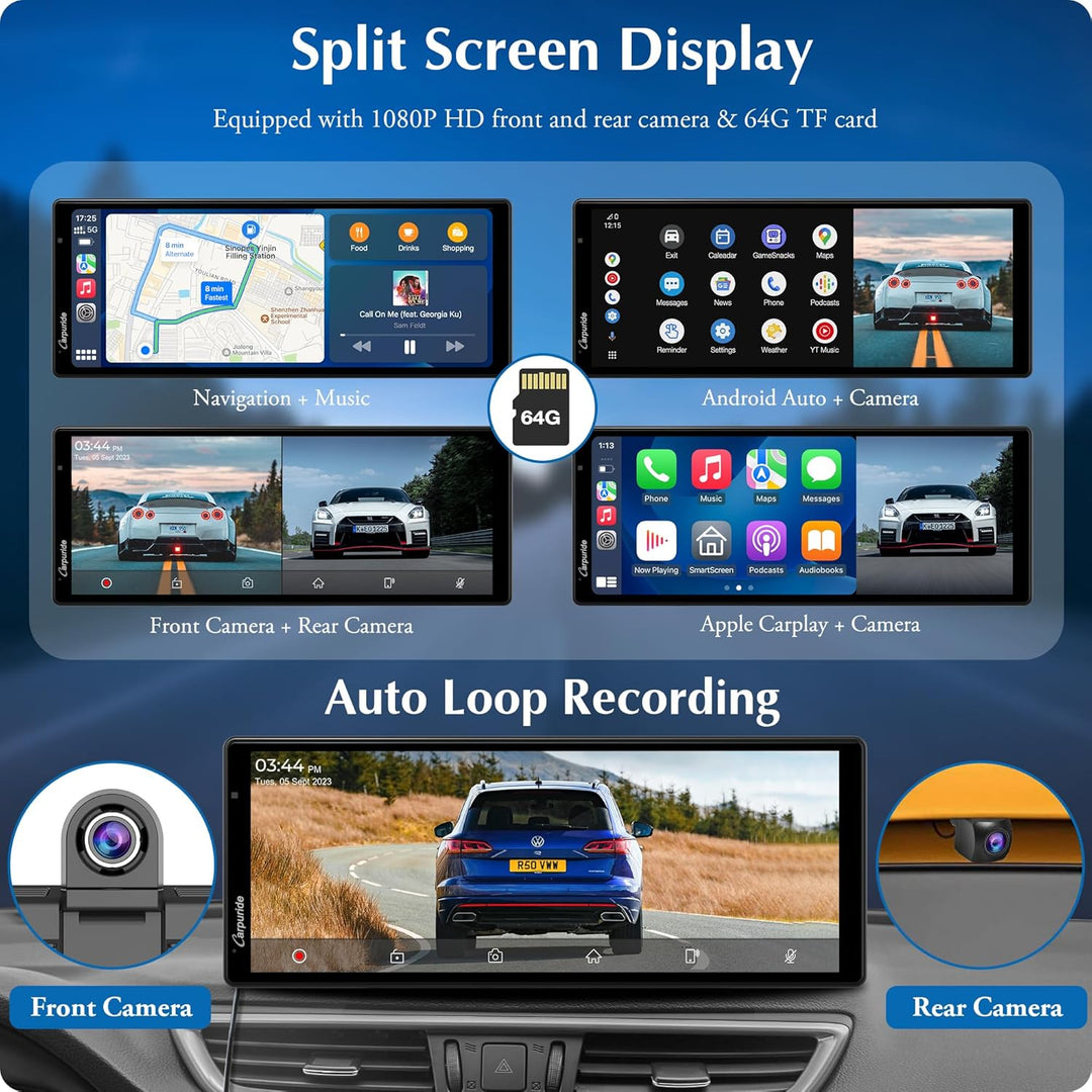 2025 Carpuride W903 Tragbares Kabelloses Carplay&Android Auto mit Dashcam 9,3-Zoll-HD-IPS-Bildschirm
