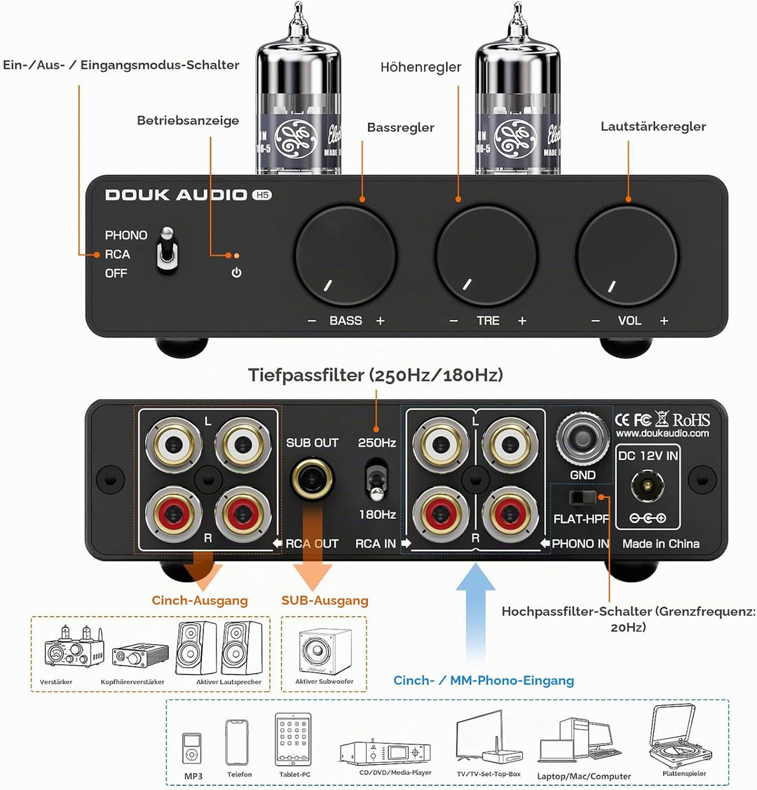 Douk Audio Röhrenvorverstärker MM Phono-Stufe HiFi Stereo-Vorverstärker mit Tiefpassfilter, Subwoofe