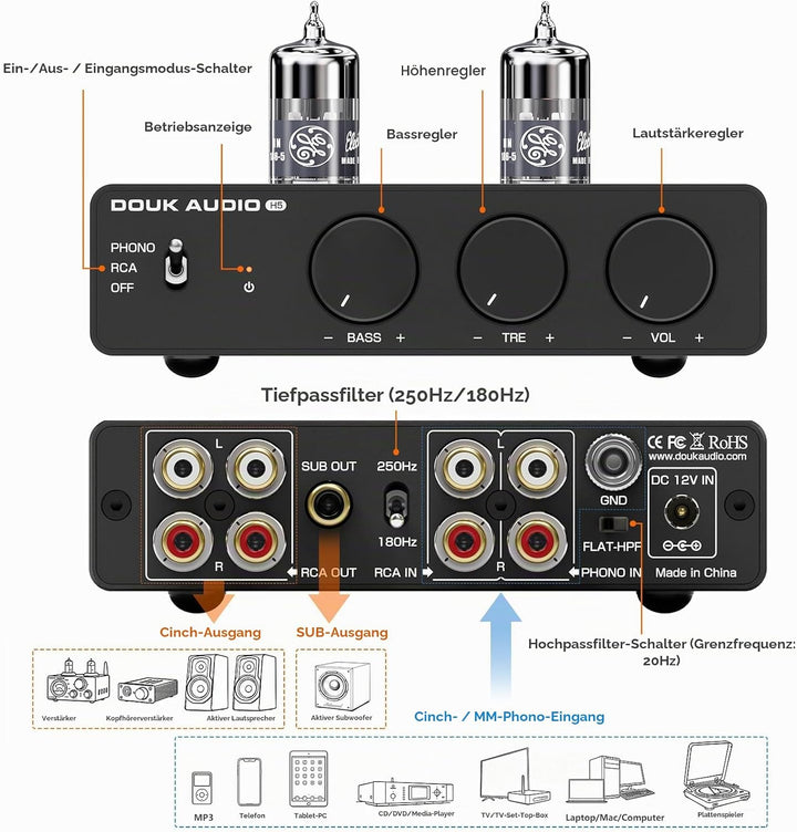 Douk Audio Röhrenvorverstärker MM Phono-Stufe HiFi Stereo-Vorverstärker mit Tiefpassfilter, Subwoofe