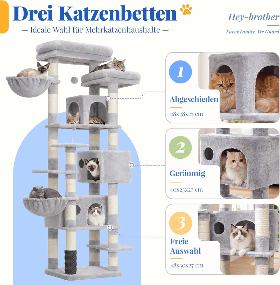 Hey-brother Kratzbaum, 188 cm Katzenbaum, XXL Kletterbaum mit 2 gross Plattform, 3 Höhlen, 2 Korb, P