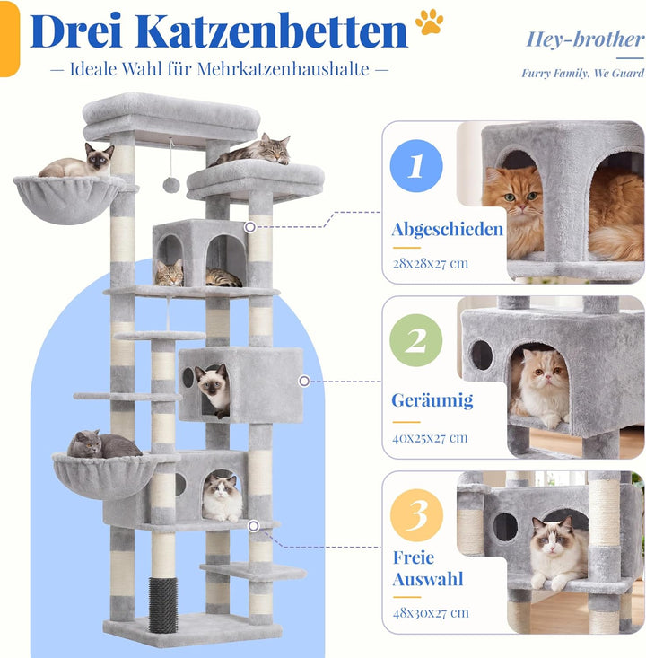 Hey-brother Kratzbaum, 188 cm Katzenbaum, XXL Kletterbaum mit 2 gross Plattform, 3 Höhlen, 2 Korb, P