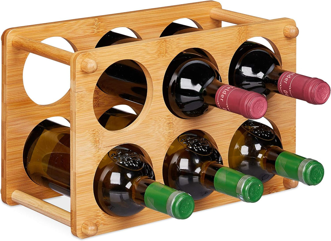 Relaxdays Weinregal, Bambus, 6 Flaschen, Weinständer für Küche, Keller, Wohnzimmer, Weinablage HBT 2