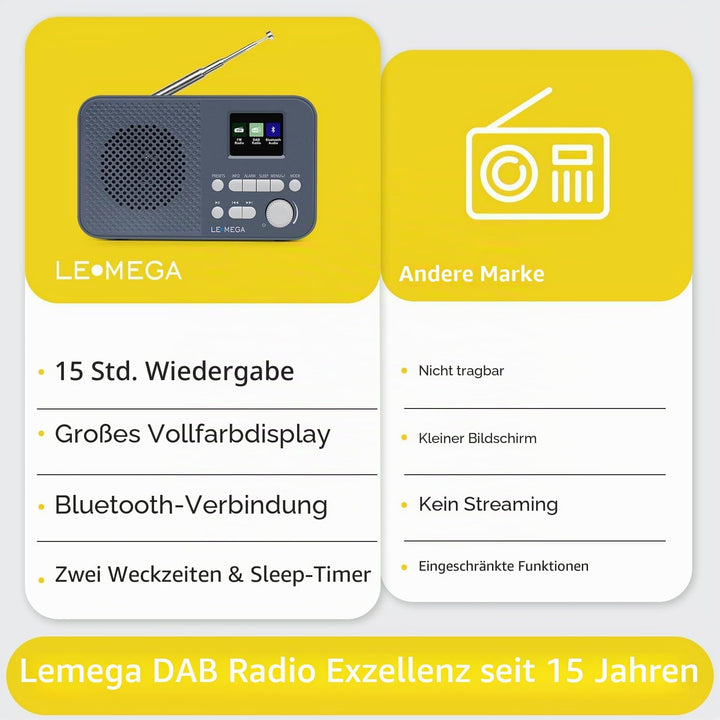 LEMEGA DAB Go DAB+/UKW Radio,Bluetooth,Farbdisplay,AA-Batterie,Dunkelgrau | Digitalradio,Doppelalarm