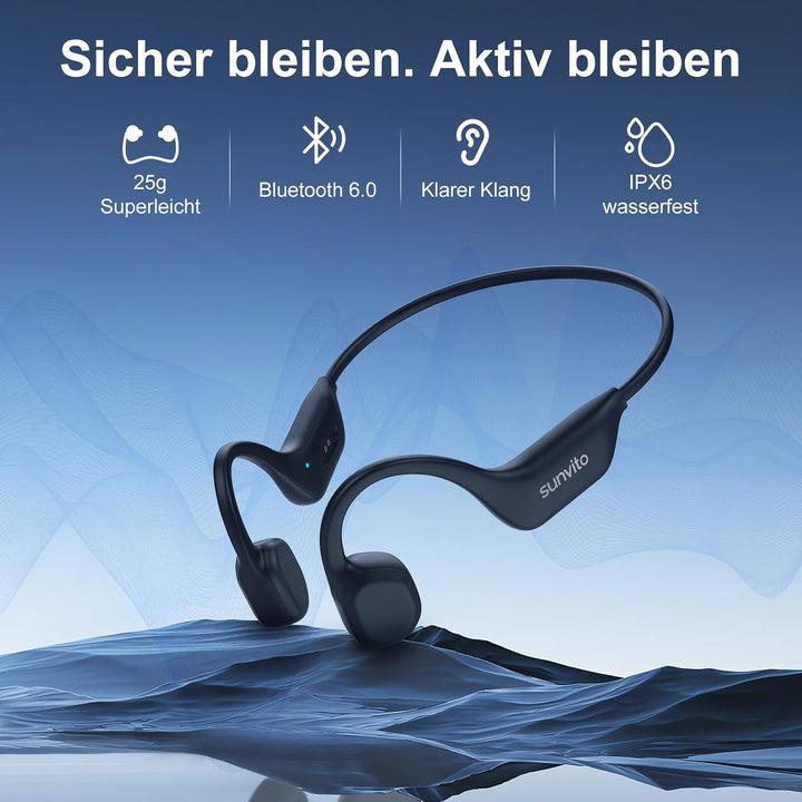 Knochenschall Kopfhörer Bluetooth 6.0, offene Bluetooth-Funkkopfhörer für Sport, wasserdichte, leich