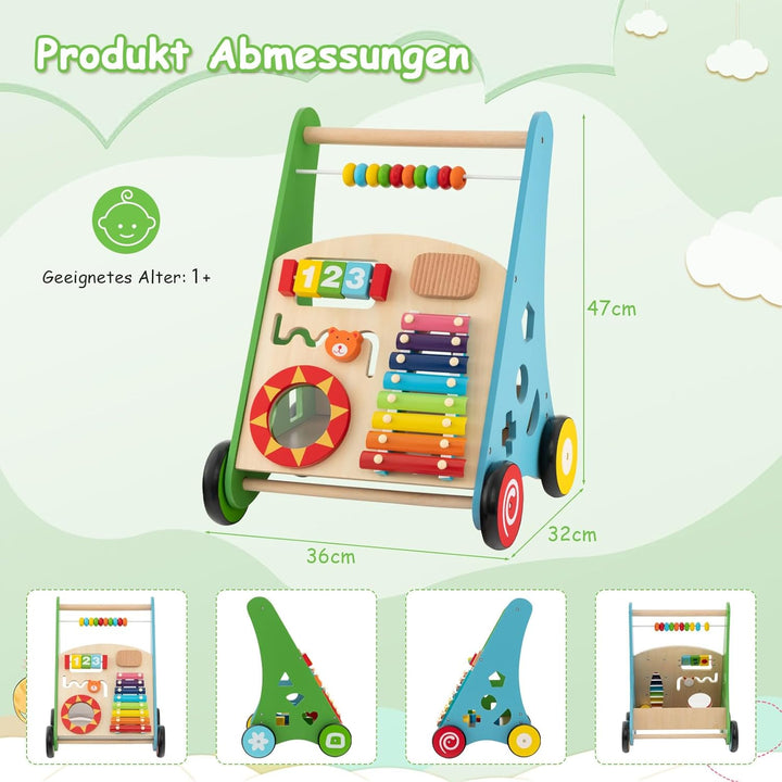 COSTWAY Baby Lauflernhilfe aus Holz, Lauflernwagen multifunktional mit glatten Griffe, Gummireifen &