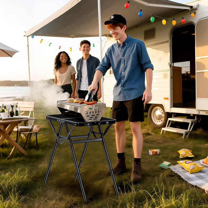 Anbte Campingtisch Grilltisch 60x40cm Metallgitter Tischplatte X-Rahmen Design mit 2 Verstellbare Hö