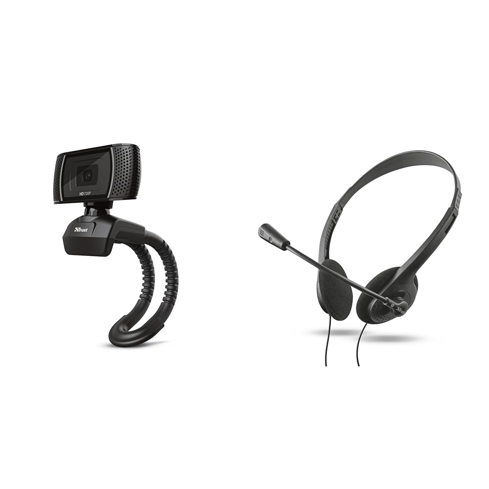Trust Trino HD Webcam mit Mikrofon, 1280 x 720, 30 FPS & 21665 Primo Headset für PC und Laptop schwa