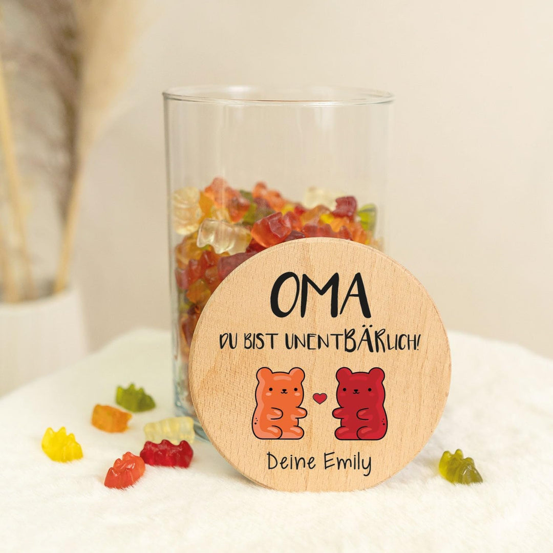 GRAVURZEILE Vorratsglas mit bedrucktem Holzdeckel - UnentBÄRlich Oma - Personalisiert mit Name - Kek
