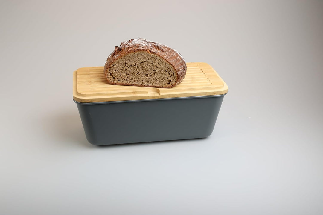 MOON HOME Brotkasten - Airlock Grey, mit vielseitigem Deckel aus Bambus/Holz als Brotschneidebrett,