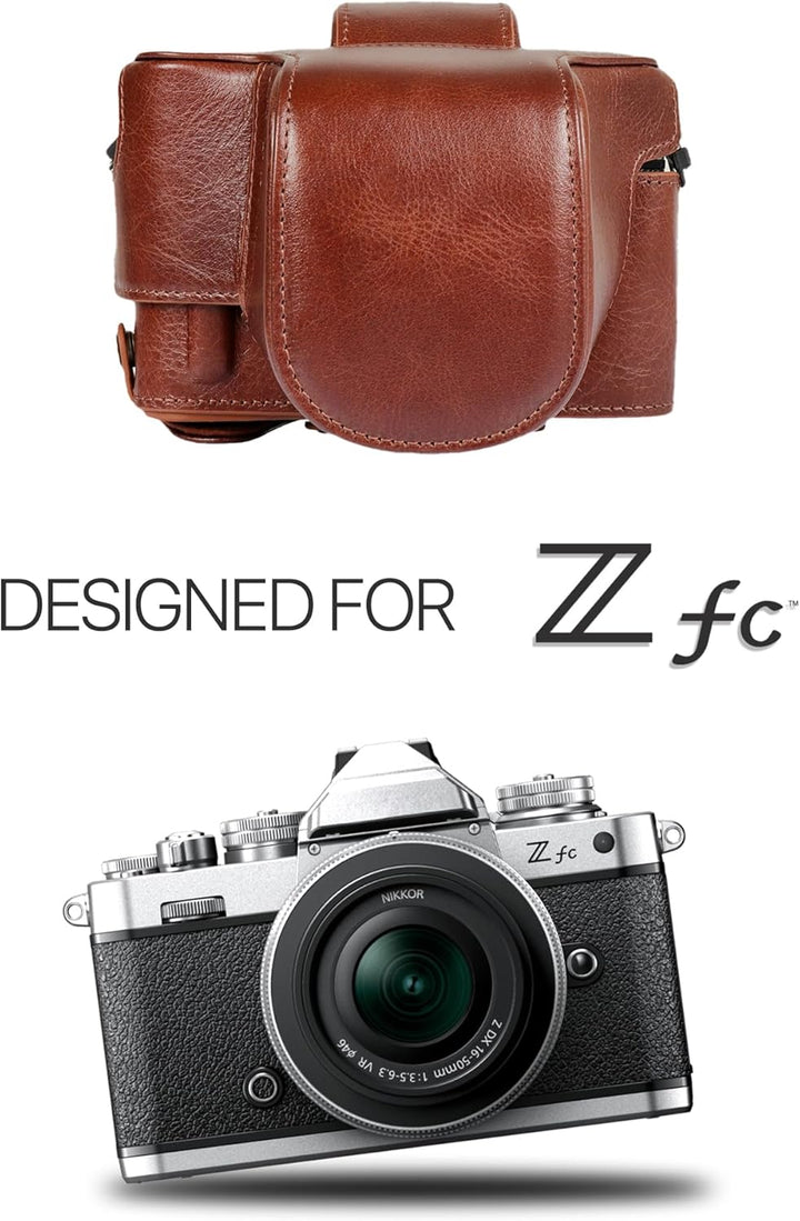 MegaGear Ever Ready Echtleder-Kameratasche kompatibel mit Nikon Z fc (16-50 mm) (Brown), MG2011, Bro