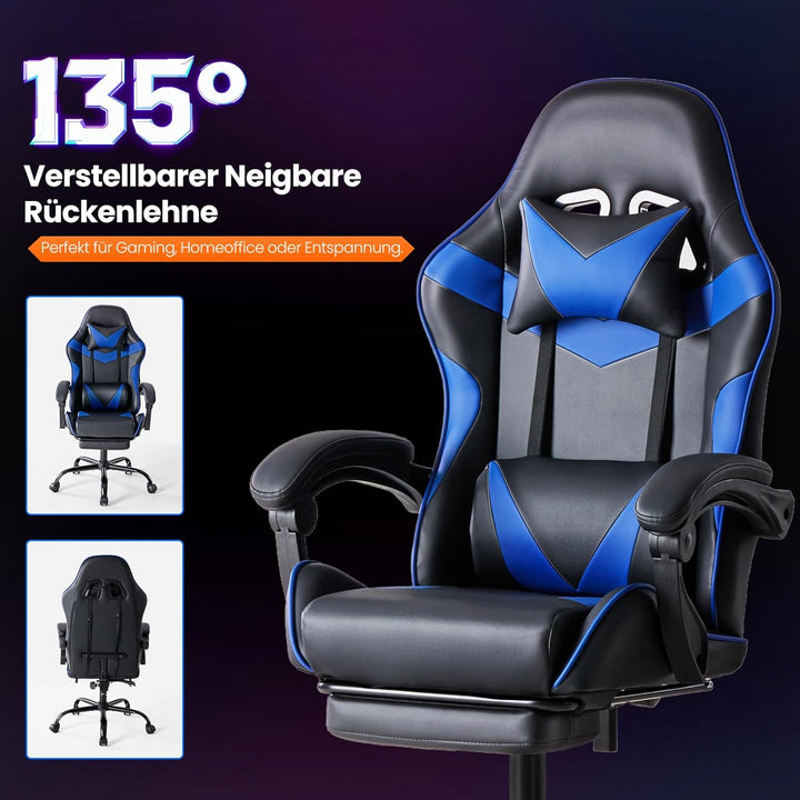 Sweetcrispy Gaming Stuhl, Gaming Chair mit Fussstütze Kopfstütze Lendenwirbelstütze, Ergonomischer P